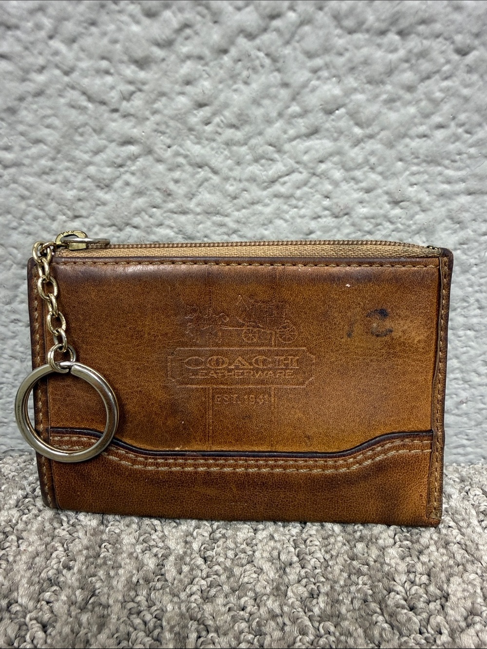 Coach Vintage Bleeker Tattersall Brown Leather Zip Card Case with Key Ring
